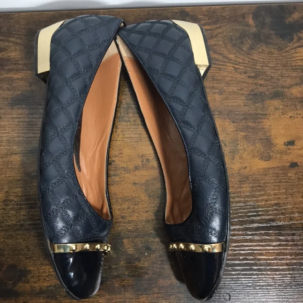 Vintage Napoleoni Navy Leather Quilted Gold Heels Ballet Flats Made in Italy - Picture 8 of 10